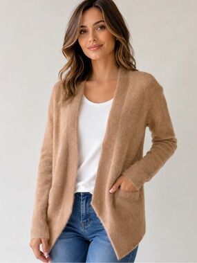 Tahari 100% Cashmere Camel Open-Front Draped Cardigan Sweater